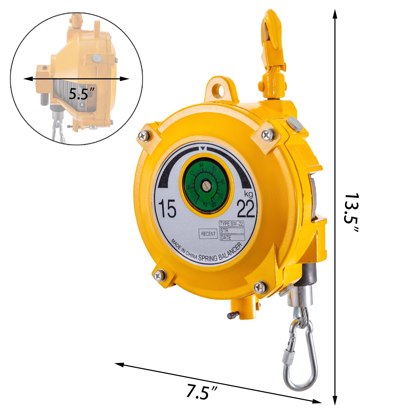 Equilibrador de resorte VEVOR amarillo con capacidad de 22 kg, 13,5&quot; de alto, 7,5&quot; de ancho, 5,5&quot; de profundidad.