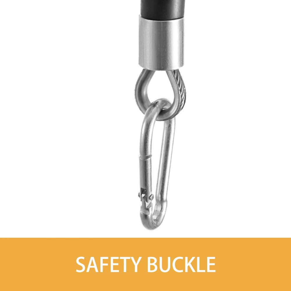 Equilibrador de resorte VEVOR con hebilla de seguridad resistente en detalle de primer plano.