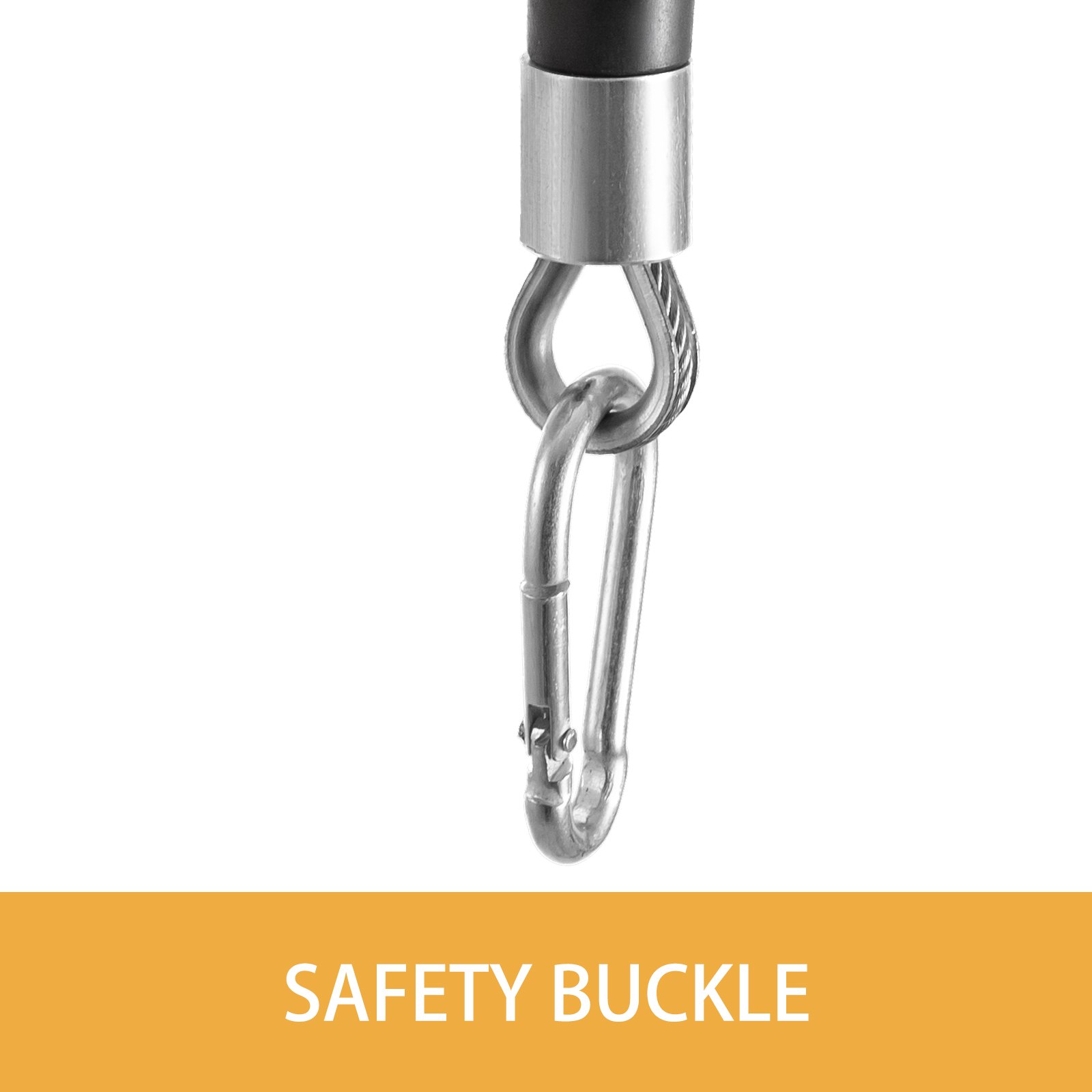 Equilibrador de resorte VEVOR con hebilla de seguridad resistente en detalle de primer plano.