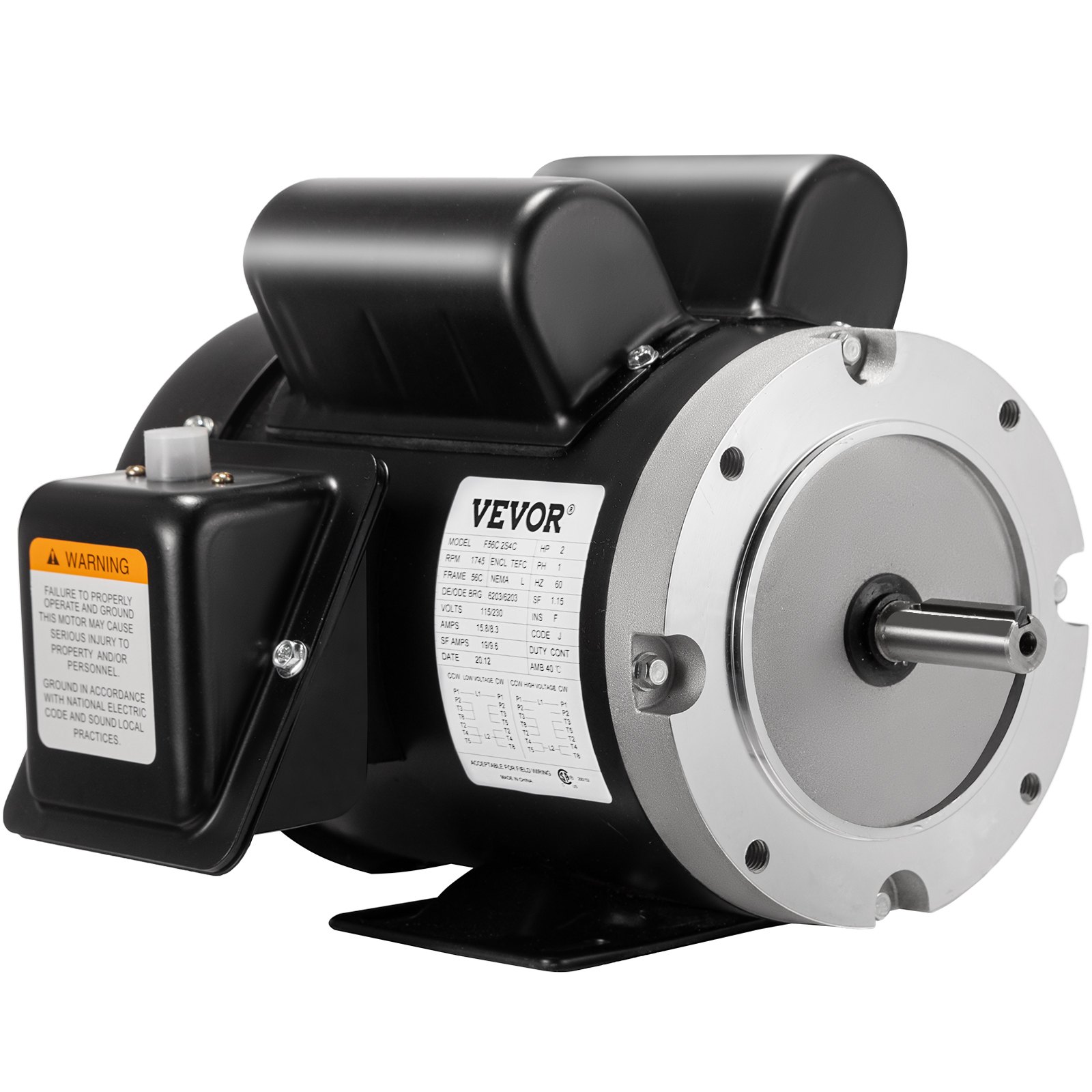 Motor compresor eléctrico VEVOR con etiqueta y señal de advertencia, vista lateral.