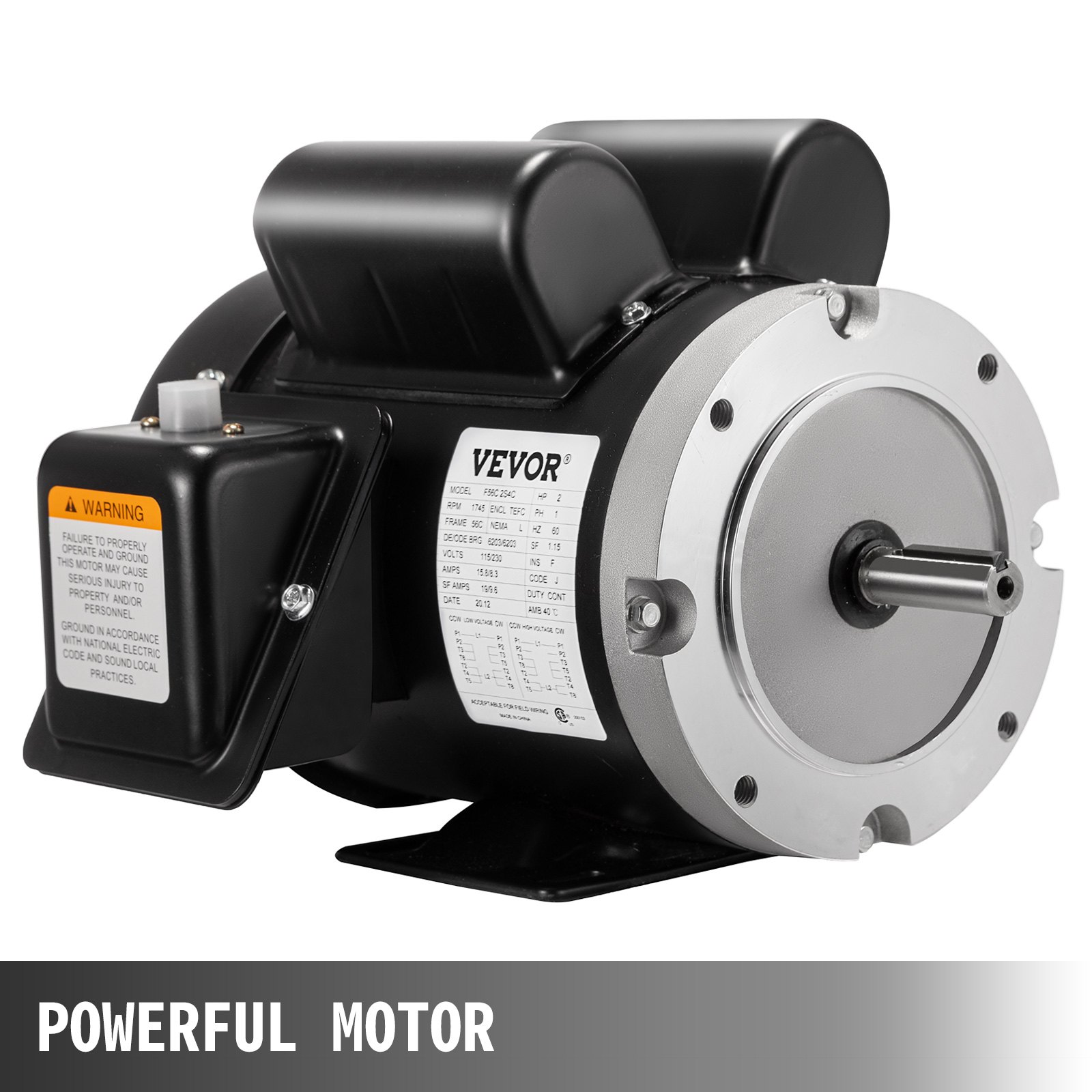Motor de compresor eléctrico VEVOR, negro y plateado con etiqueta de advertencia y placa de montaje.