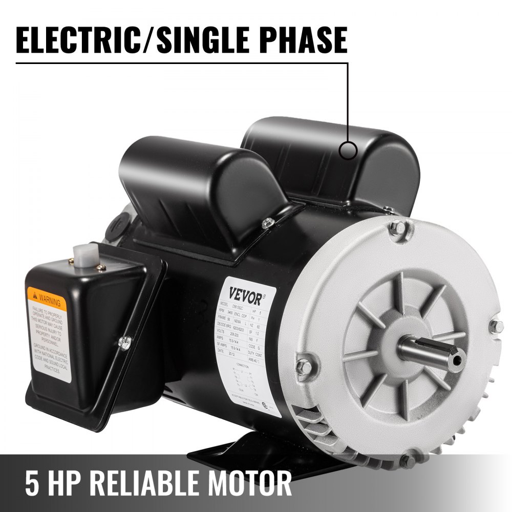 VEVOR Motor eléctrico de 5 Hp 3.1 KW Velocidad nominal 3450 RPM Motor monofásico AC 208-230V Motor de compresor de aire Traje para compresores de aire para el hogar y tiendas pequeñas