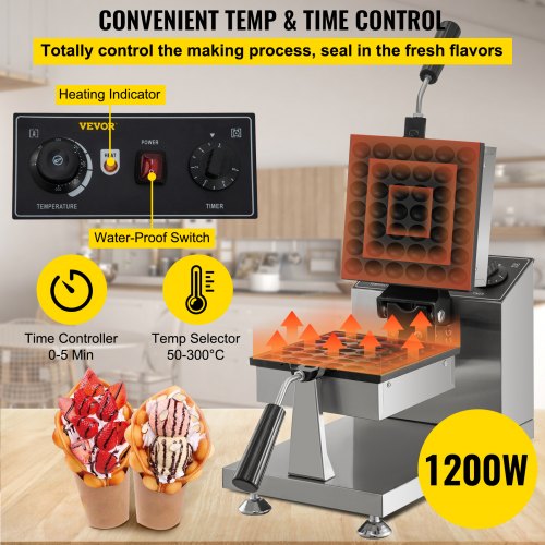 VEVOR Commercial Bubble Waffle Maker, molde cuadrado de 8 pulgadas, 1200 W para hacer burbujas de huevo con 2 sartenes giratorias de 360° y asas dobladas, panadero de acero inoxidable con revestimiento de teflón antiadherente, 50-300 ℃/122-572 ℉ ajustable