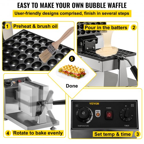 VEVOR Commercial Bubble Waffle Maker, molde cuadrado de 8 pulgadas, 1200 W para hacer burbujas de huevo con 2 sartenes giratorias de 360° y asas dobladas, panadero de acero inoxidable con revestimiento de teflón antiadherente, 50-300 ℃/122-572 ℉ ajustable
