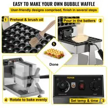 VEVOR Maquina Gofres para Hacer Gofre Commercial Bubble Waffle Maker molde cuadrado de 8 pulgadas 1200 W para hacer burbujas de huevo con 2 sartenes