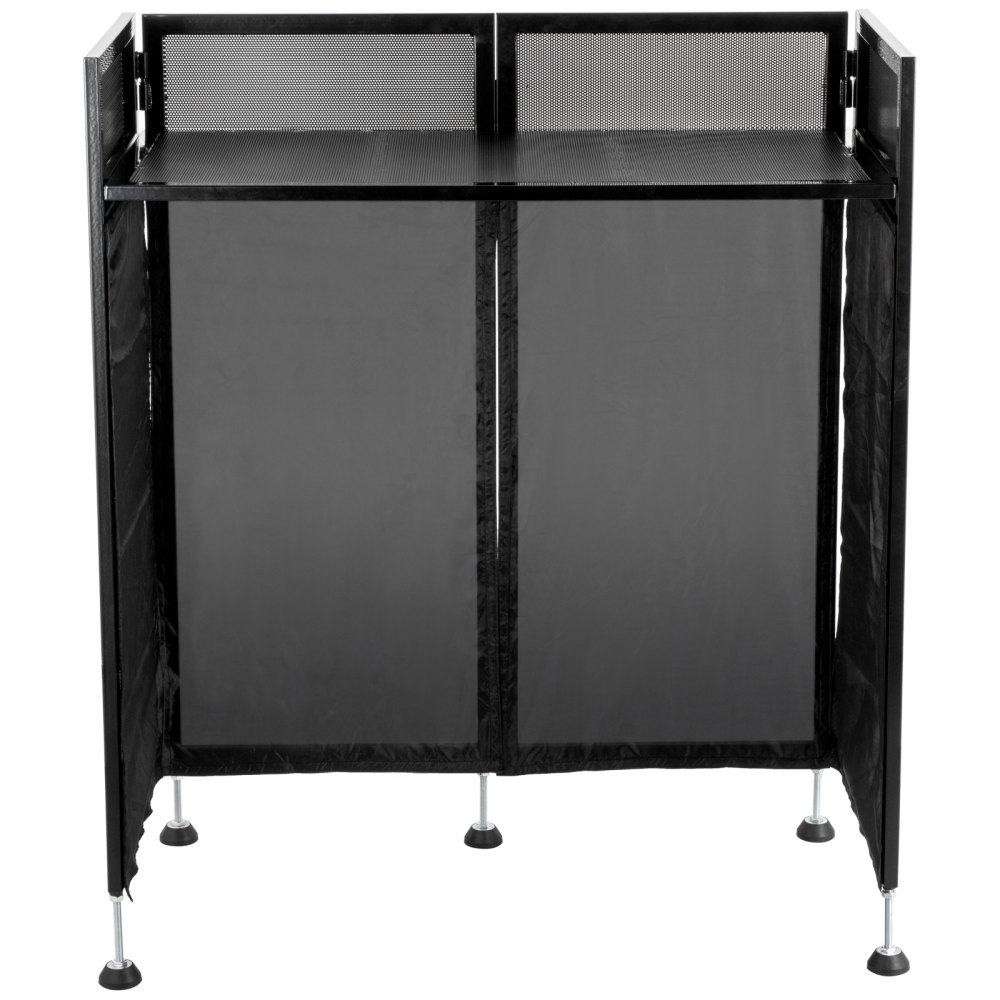 Mesa de fachada para DJ VEVOR negra con paneles de malla y soportes para patas resistentes.