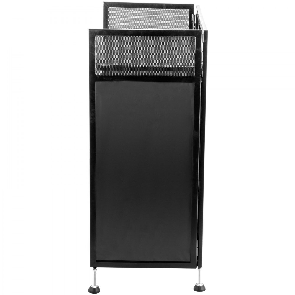 Mesa de fachada para DJ VEVOR negra con malla y patas ajustables, vista frontal.
