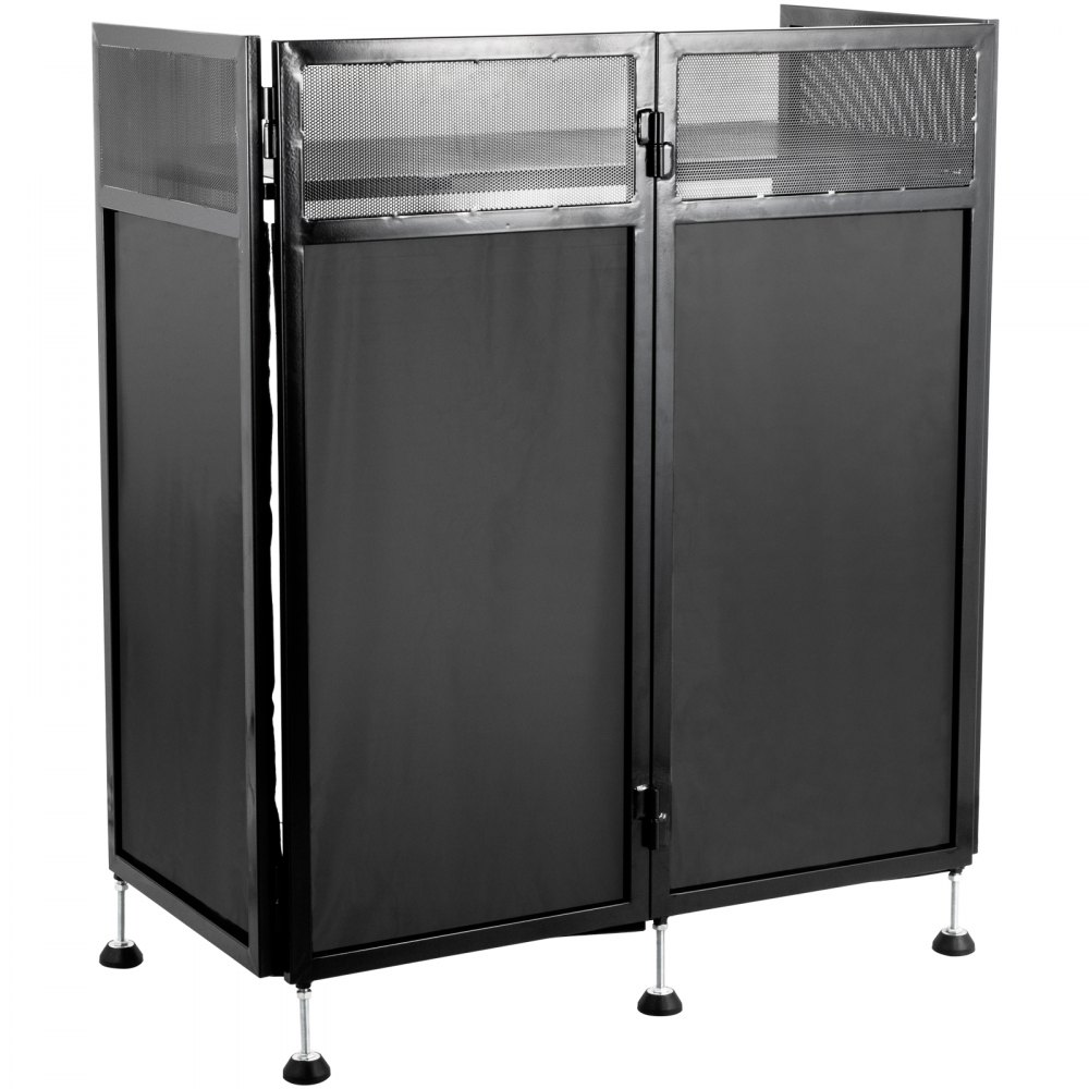 Mesa de fachada para DJ compacta VEVOR con paneles negros y marcos de metal, perfecta para eventos.