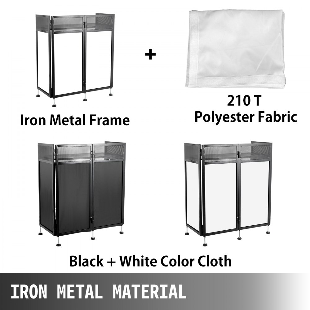Mesa de fachada para DJ VEVOR con estructura de hierro y tejido de poliéster 210t, tela blanca y negra.