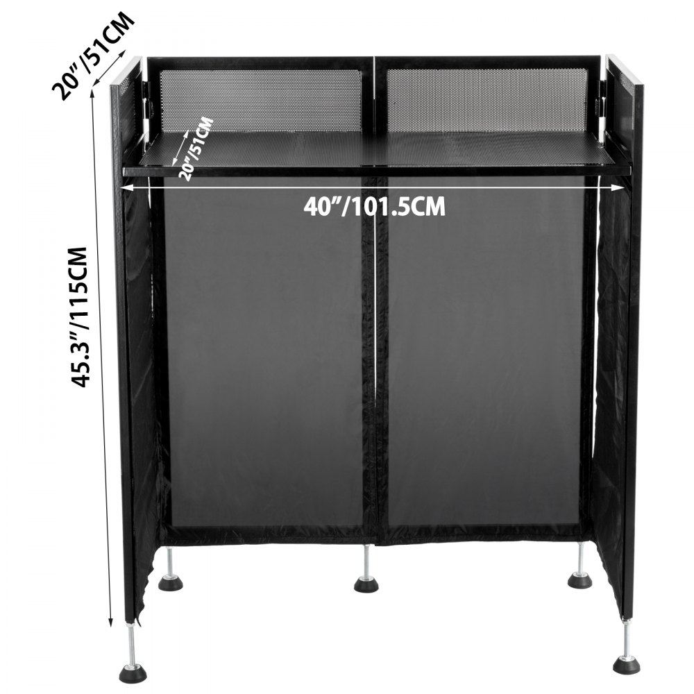 Mesa de fachada para DJ VEVOR con dimensiones: 115,5 x 101,6 x 50,8 cm en tela negra y estructura de metal.