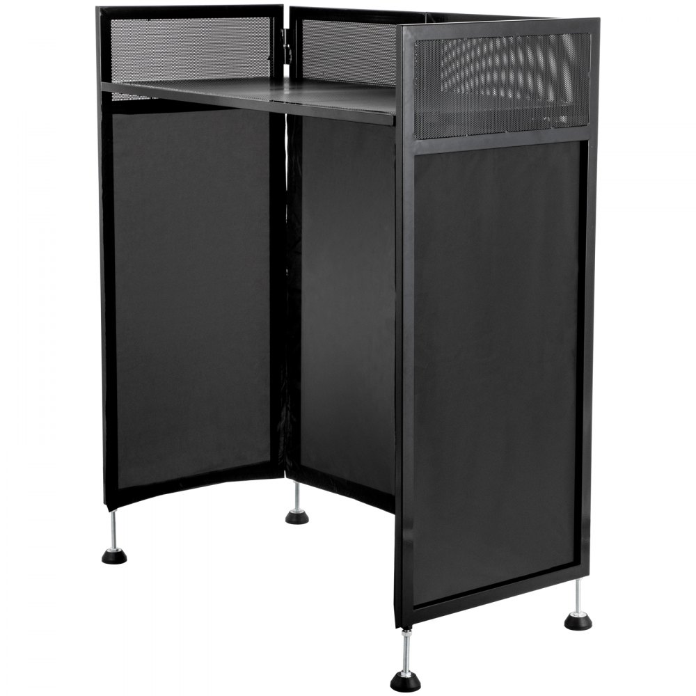 Mesa de fachada para DJ VEVOR compacta y elegante en color negro con patas y paneles de metal ajustables.