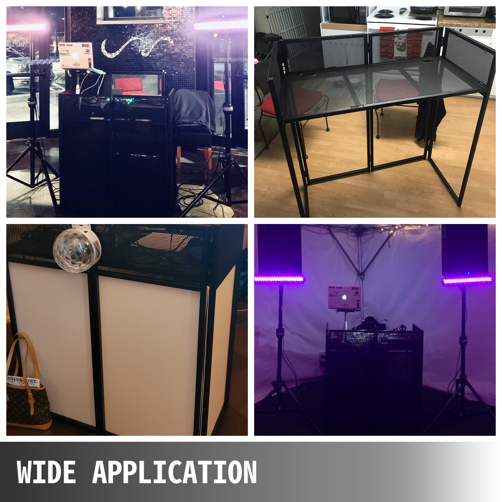 Varias configuraciones de la mesa de fachada de DJ VEVOR en diferentes entornos.