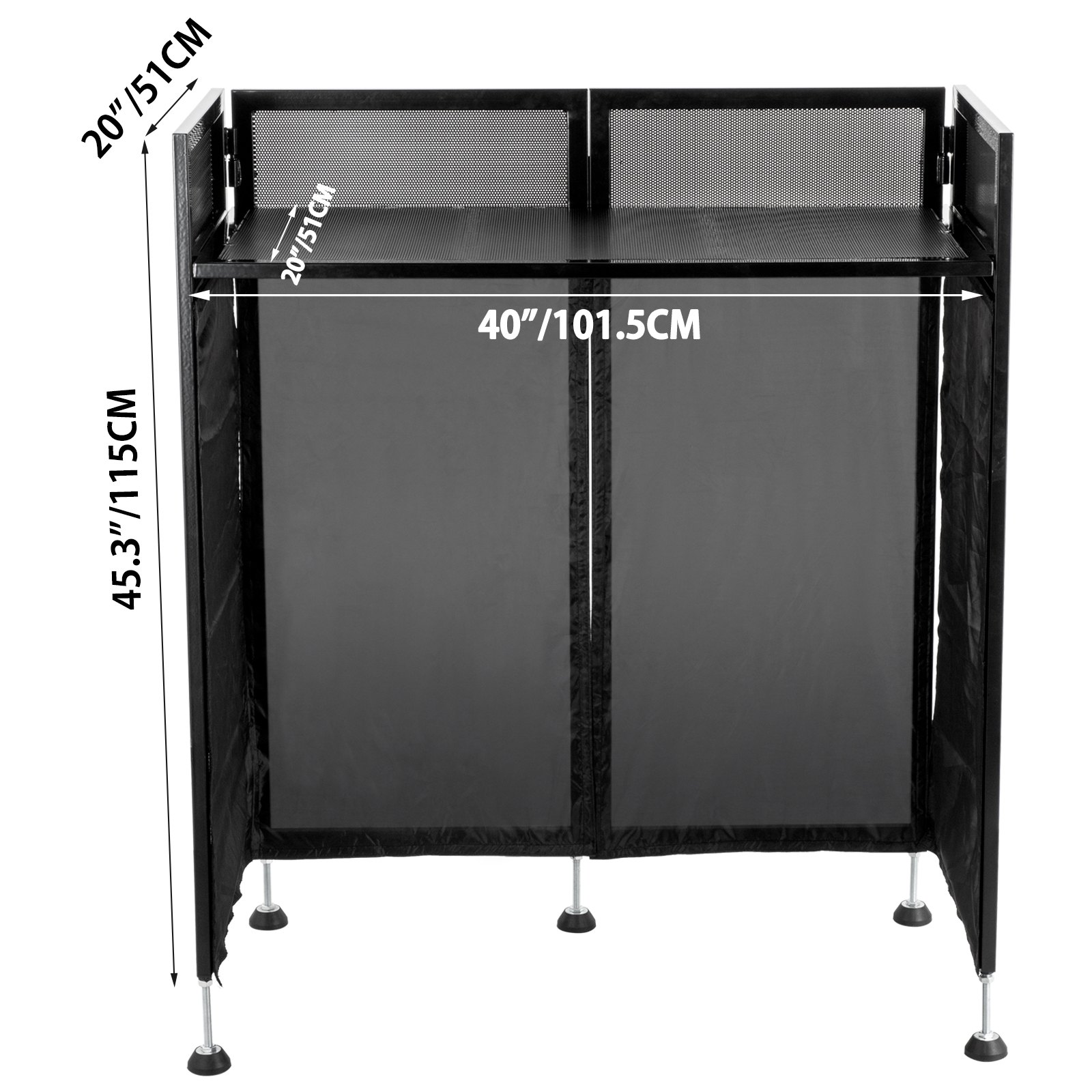 Mesa de fachada para DJ VEVOR con dimensiones: 115,5 x 101,6 x 50,8 cm en tela negra y estructura de metal.