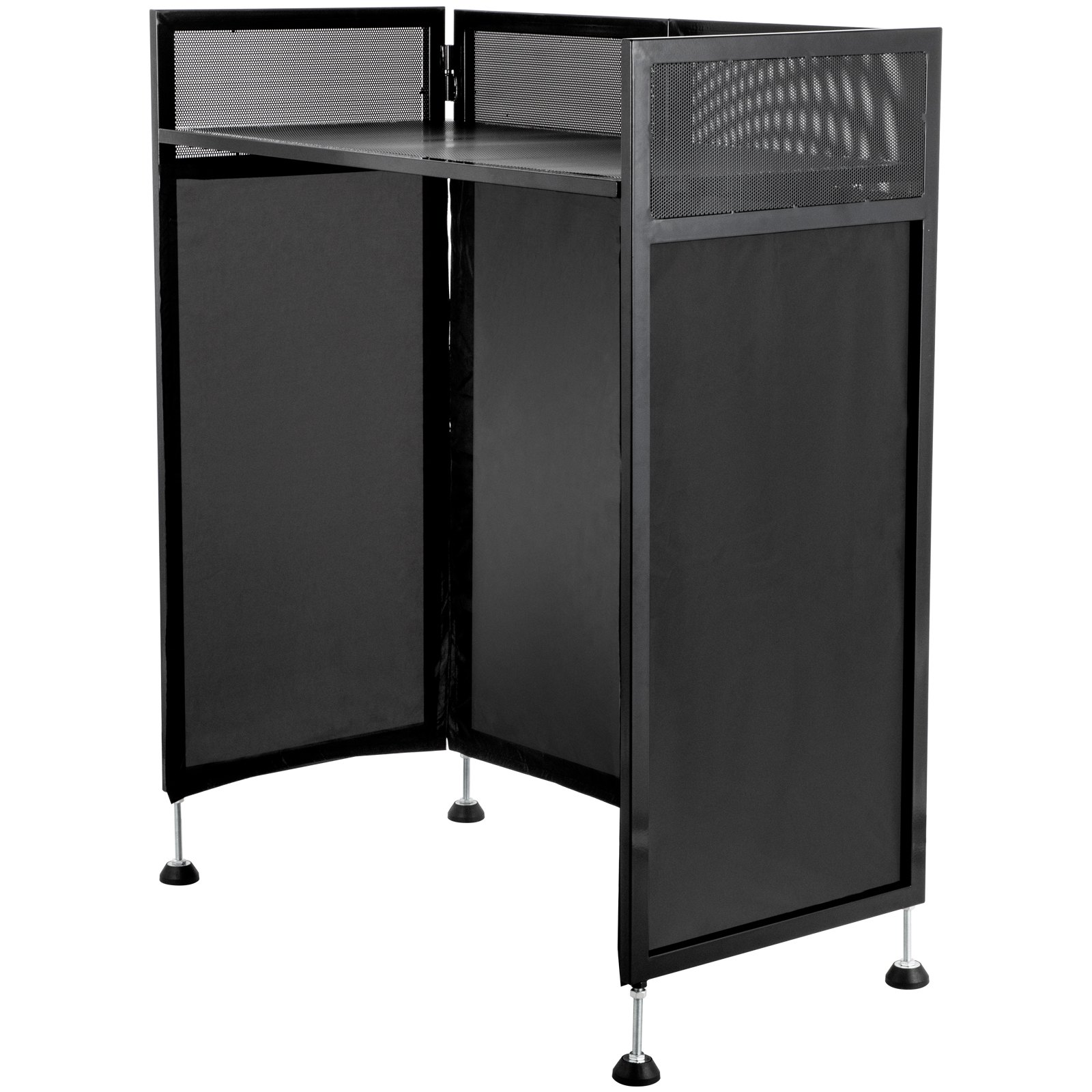 Mesa de fachada para DJ VEVOR compacta y elegante en color negro con patas y paneles de metal ajustables.