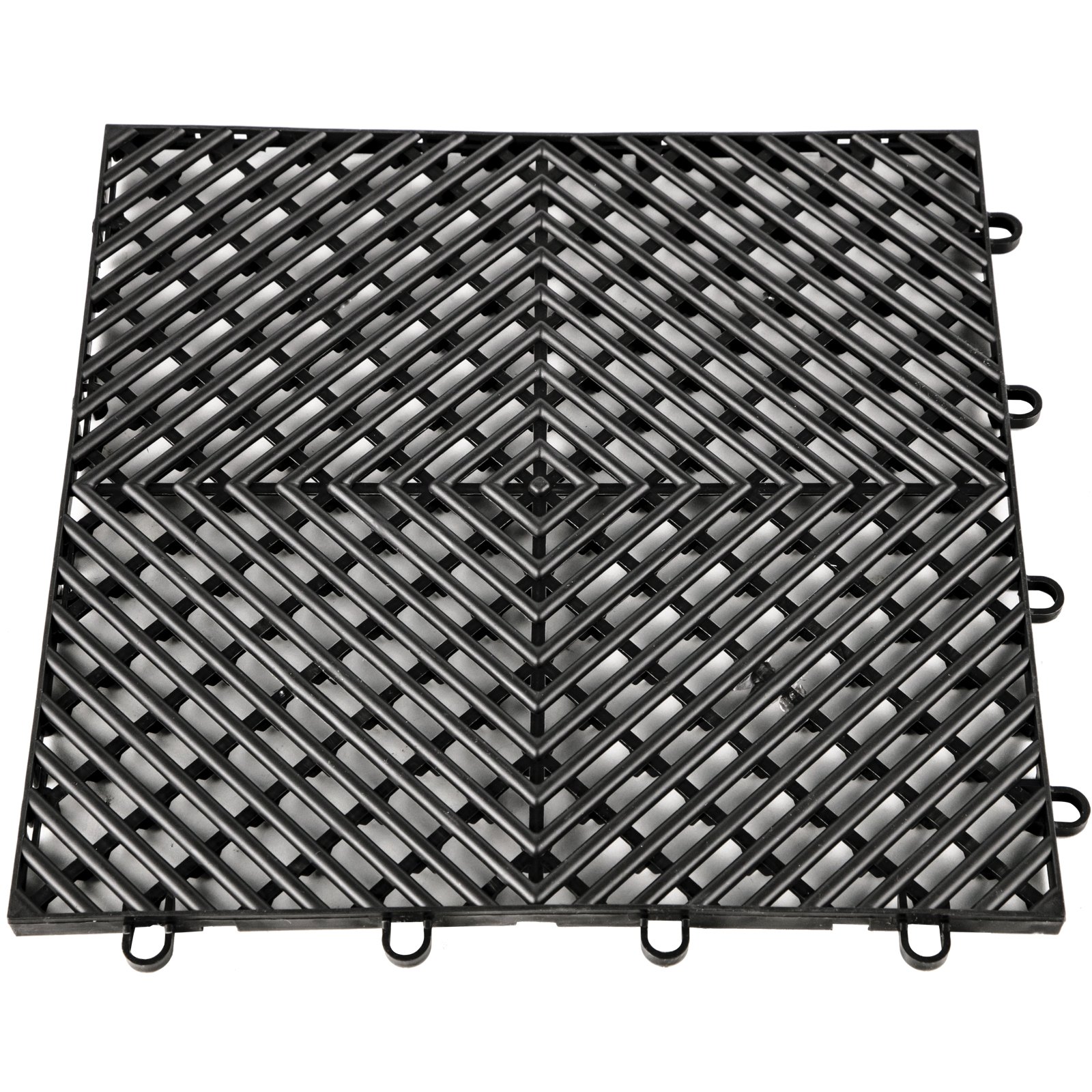 Azulejos entrelazados de caucho VEVOR negro con patrón de celosía y bordes entrelazados.