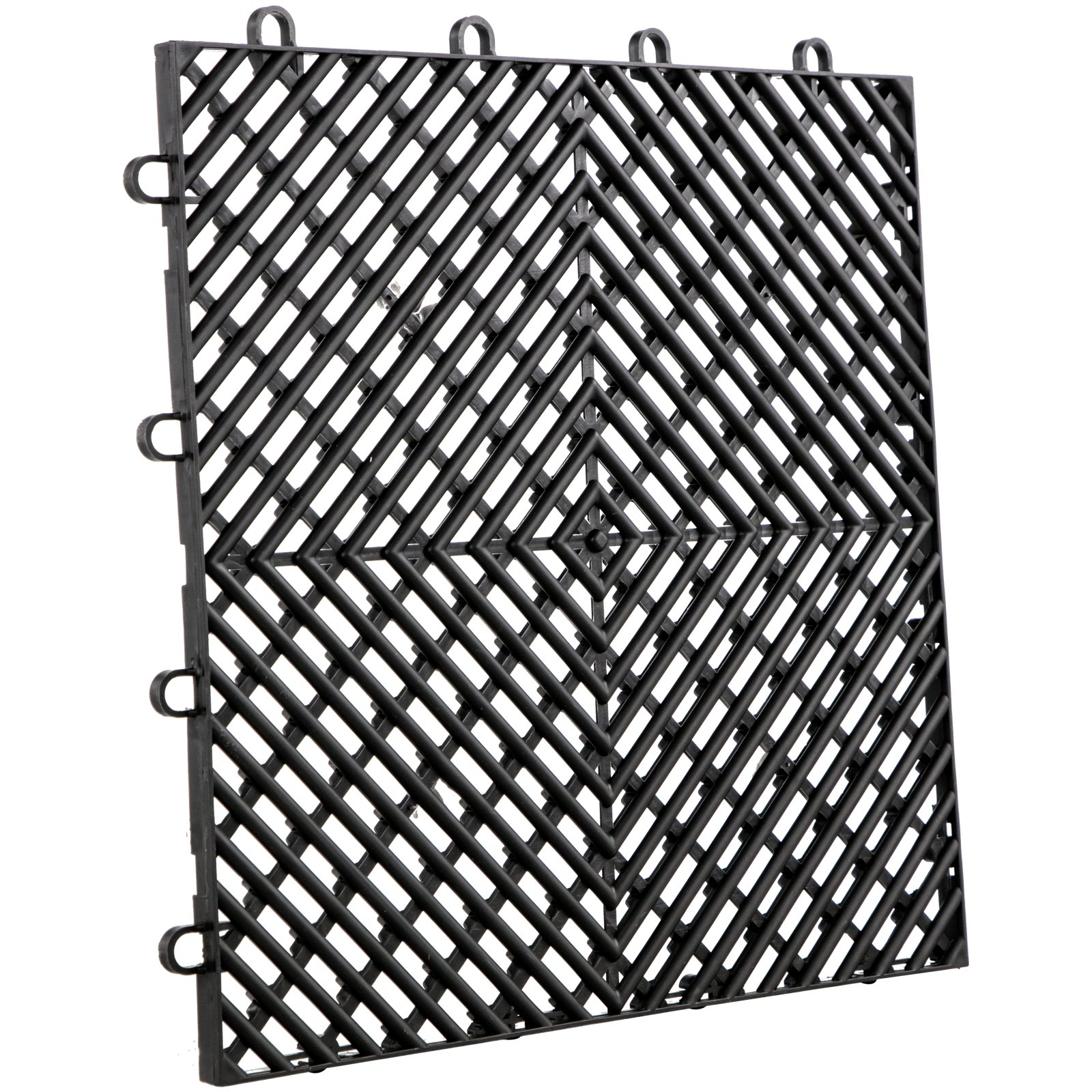 Azulejos entrelazados de caucho VEVOR negro con patrón de diamantes y bordes entrelazados.