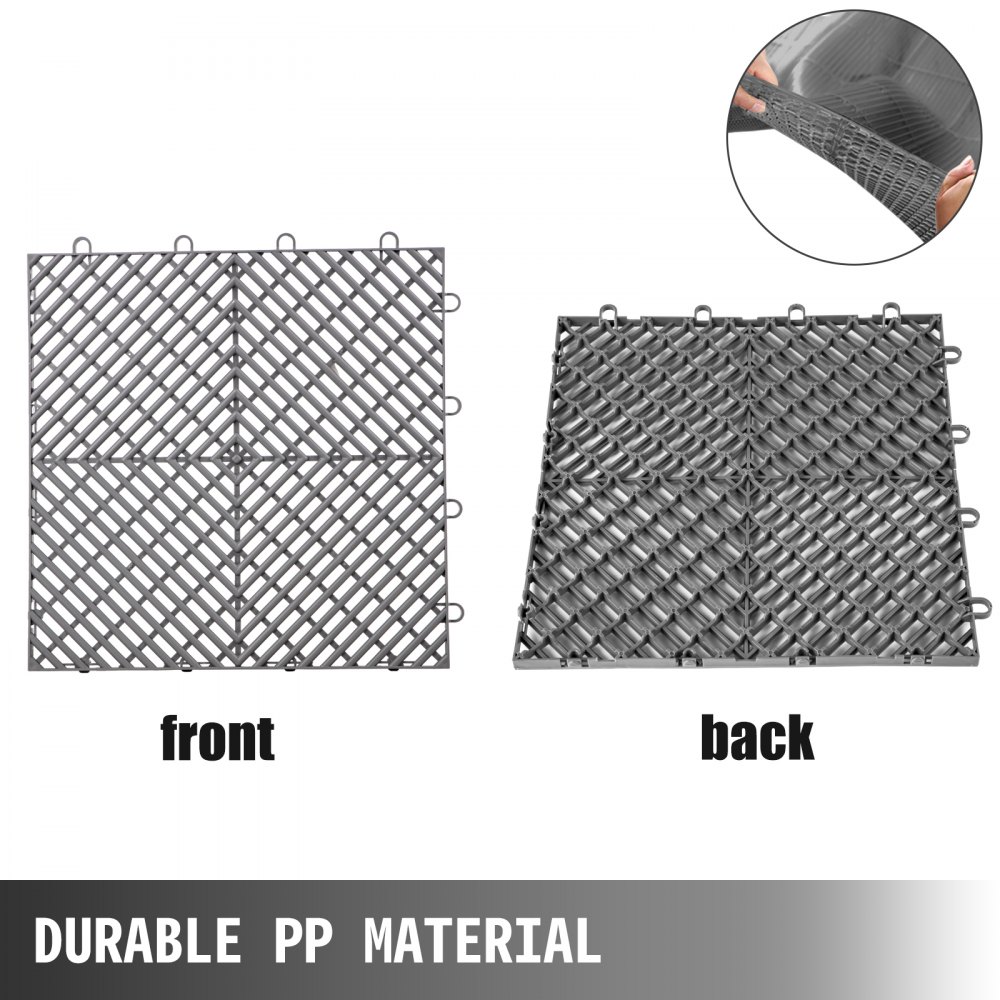Vista frontal y posterior de baldosas entrelazadas VEVOR con etiqueta de material pp duradero.