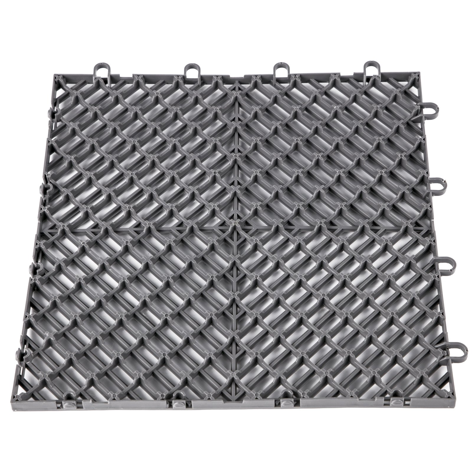 Azulejos entrelazados VEVOR de color gris con patrón de cuadrícula y pestañas de conexión en los bordes.