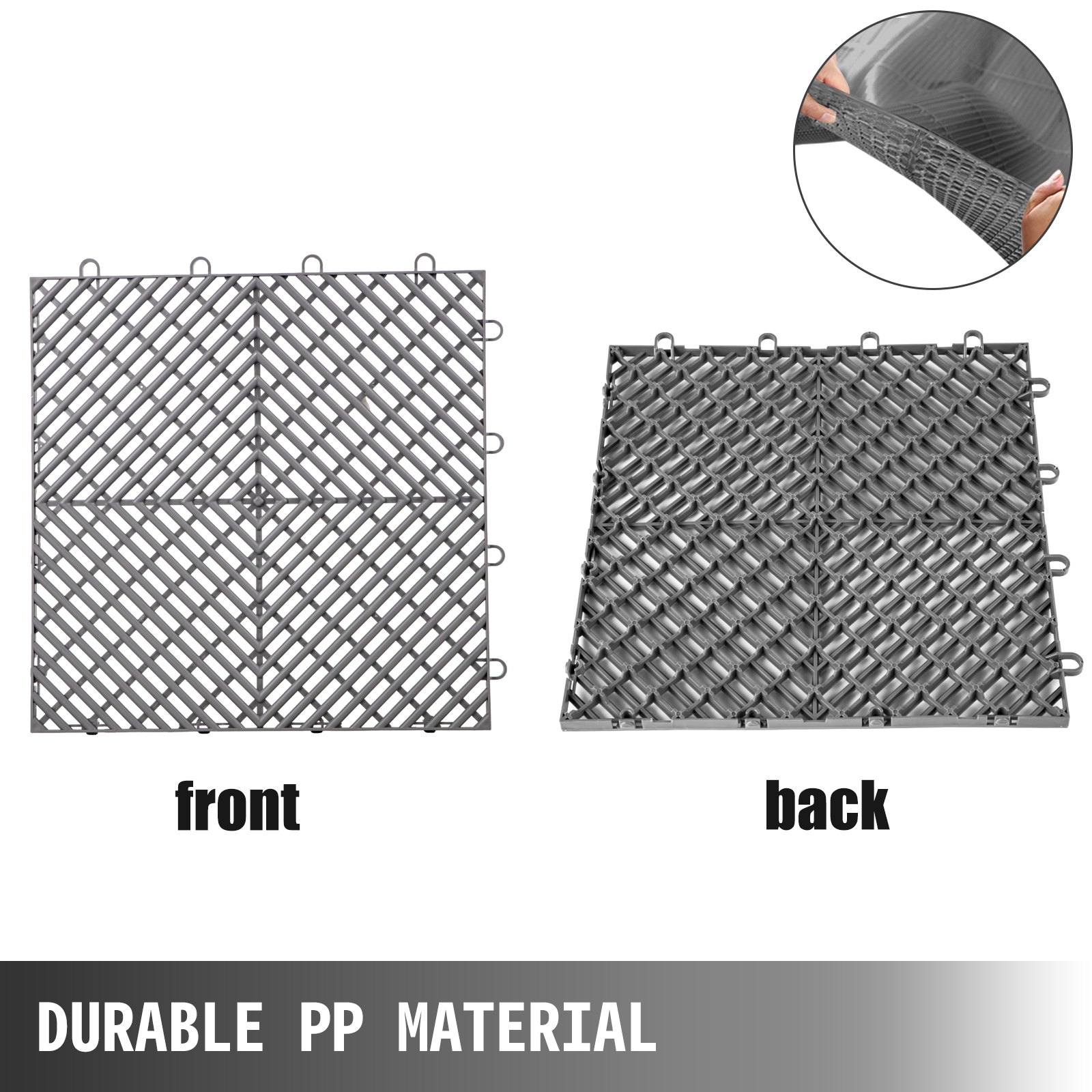 Vista frontal y posterior de baldosas entrelazadas VEVOR con etiqueta de material pp duradero.