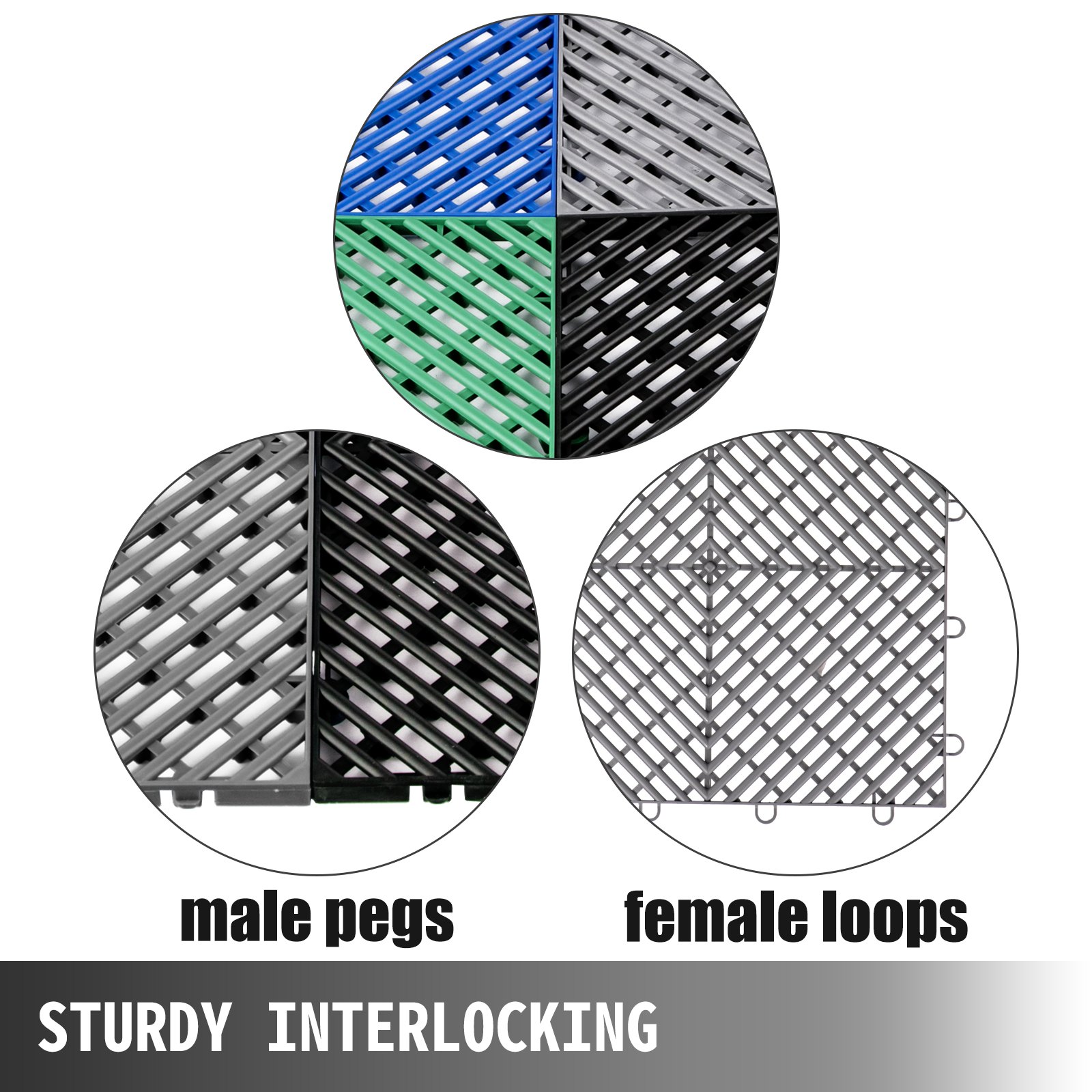 Mosaicos entrelazados VEVOR que muestran clavijas macho y bucles hembra en varios colores.