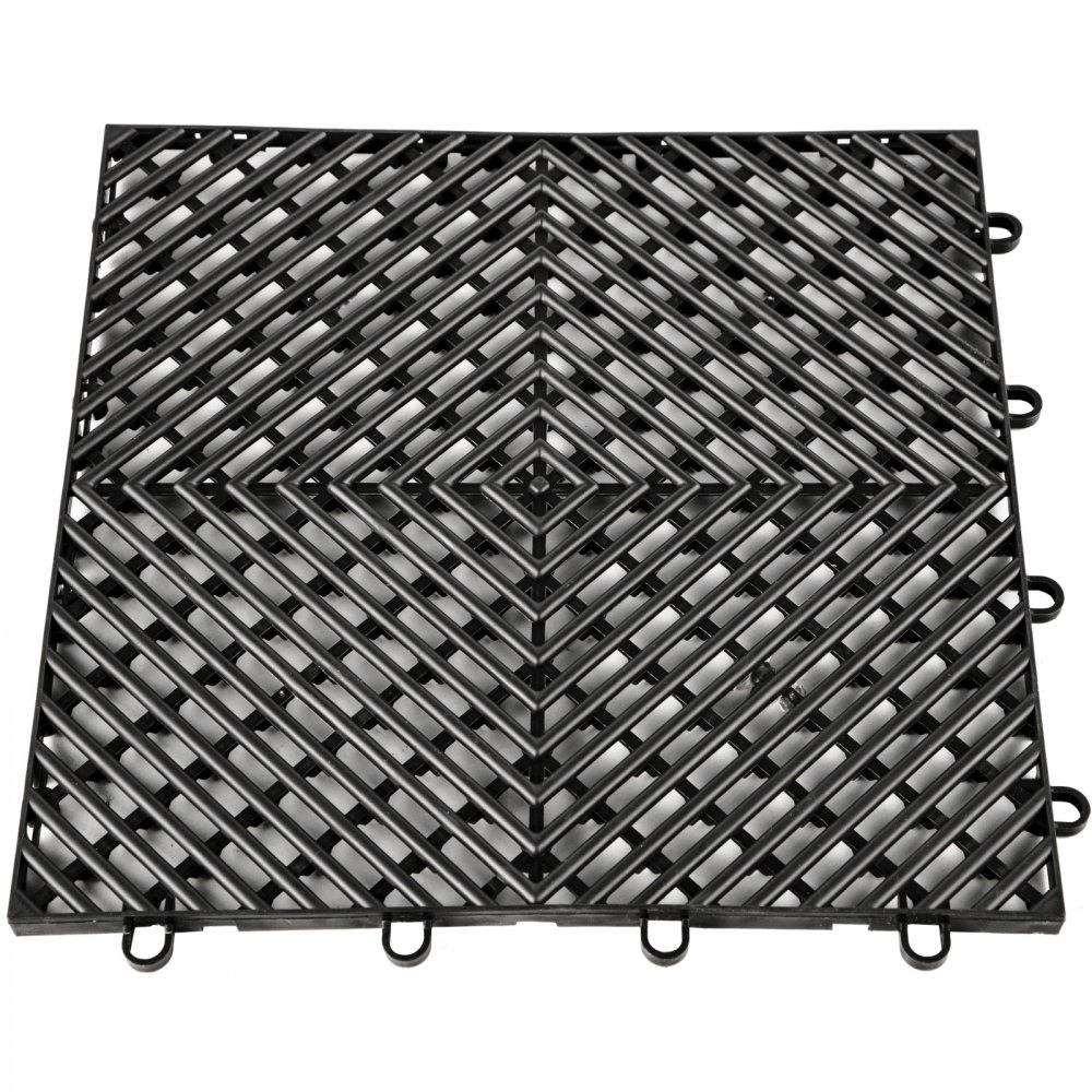 Baldosas de terraza VEVOR entrelazadas de color negro con patrón geométrico y bucles de conexión redondos.