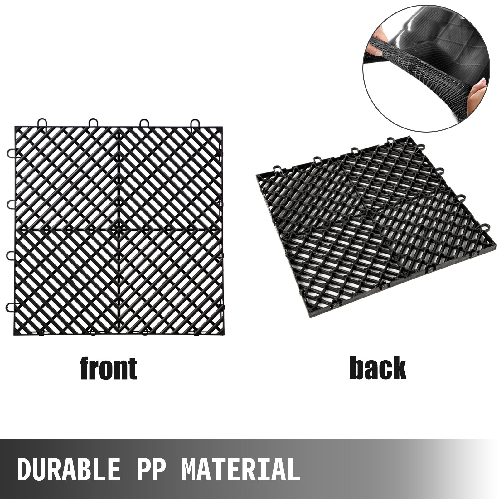 Vistas frontal y posterior de baldosas de cubierta VEVOR negras hechas de material PP duradero.