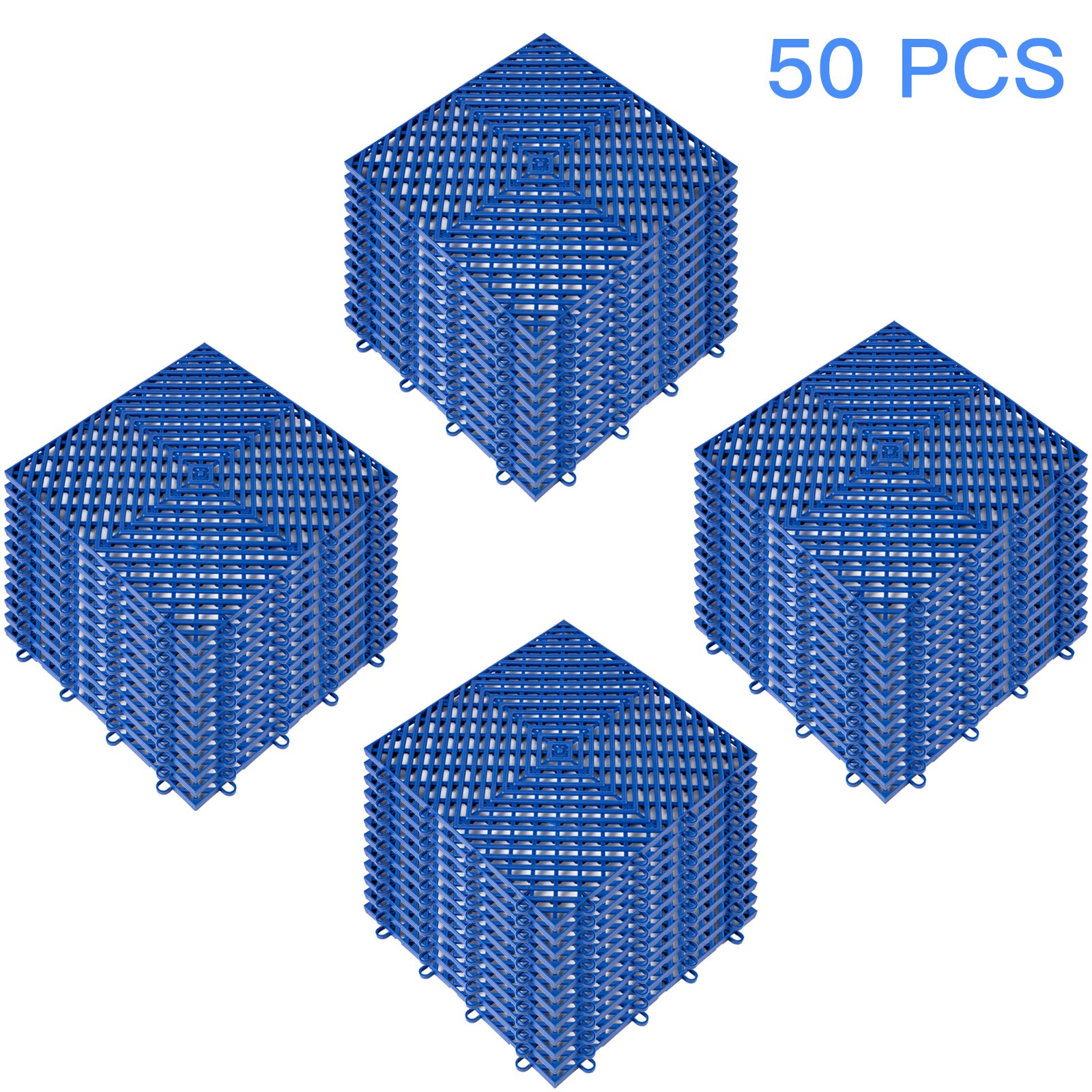 Azulejos de cubierta entrelazados VEVOR, 50 piezas, apilados en plástico azul ordenados de forma ordenada.