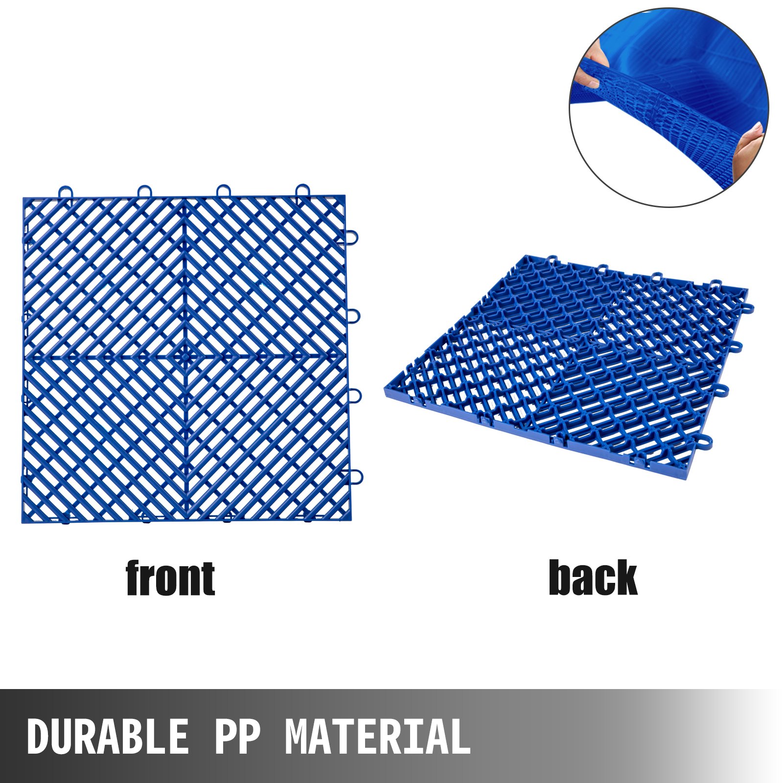 Azulejos de cubierta entrelazados VEVOR que se muestran en azul con vistas frontal y posterior. Material PP duradero.