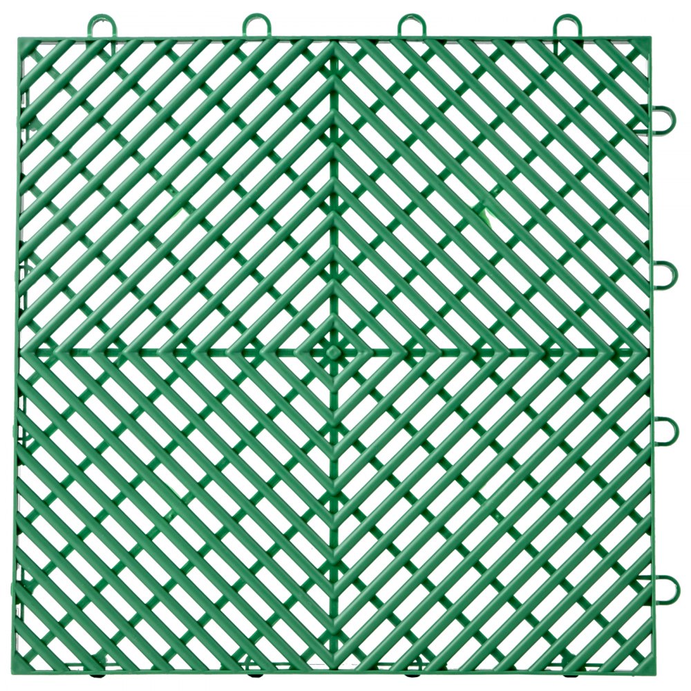 Baldosas de terraza entrelazadas VEVOR de color verde con patrón de celosía diagonal y ganchos en los bordes.