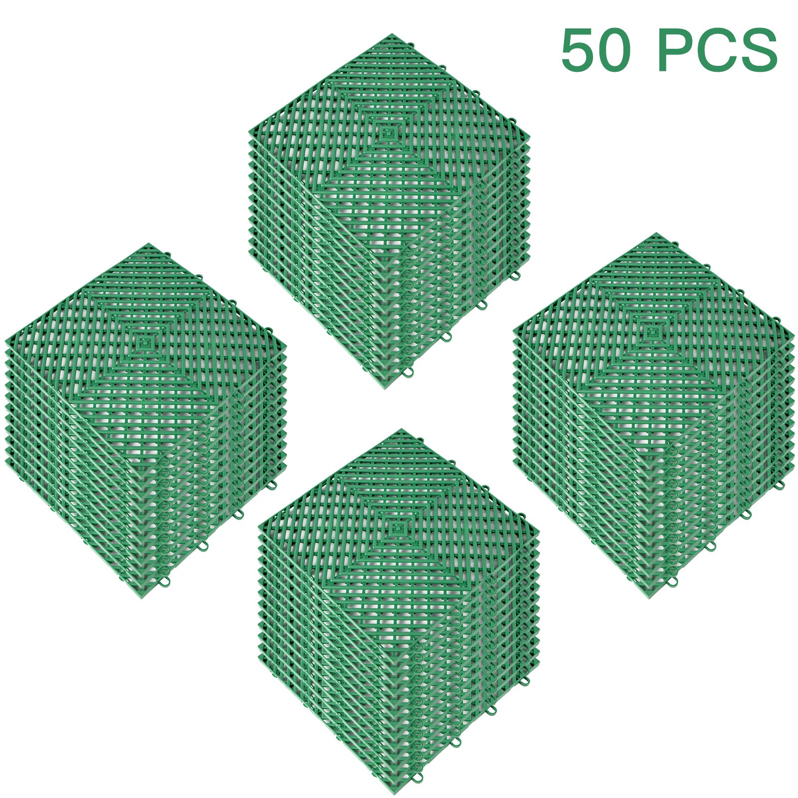 Azulejos de cubierta entrelazados VEVOR verdes, 50 piezas por paquete, dispuestas en cuatro pilas.