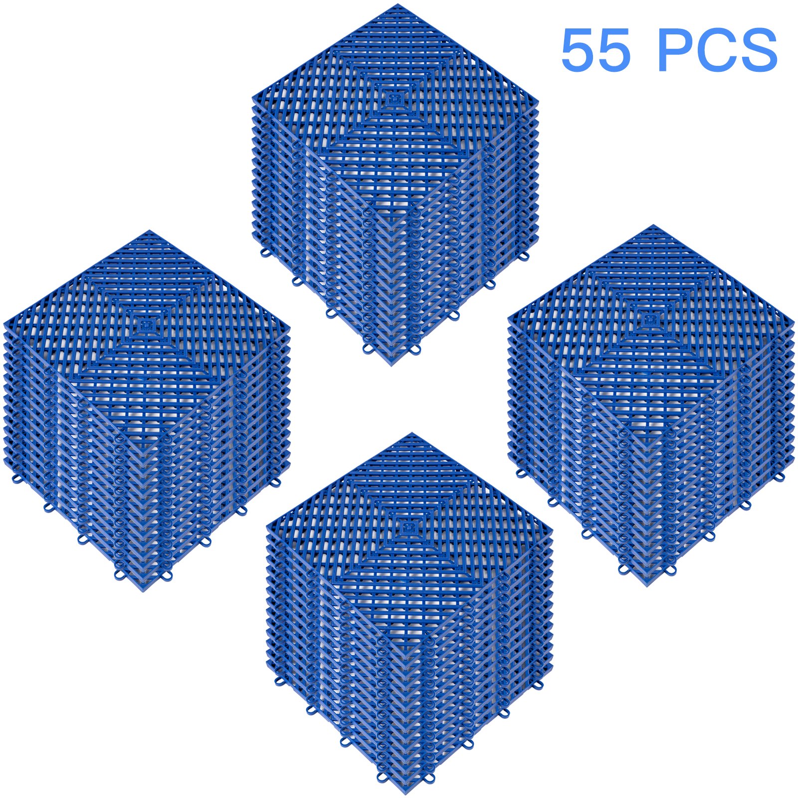 Azulejos de terraza entrelazados VEVOR, 55 piezas, azules, presentados en cuatro pilas ordenadas.