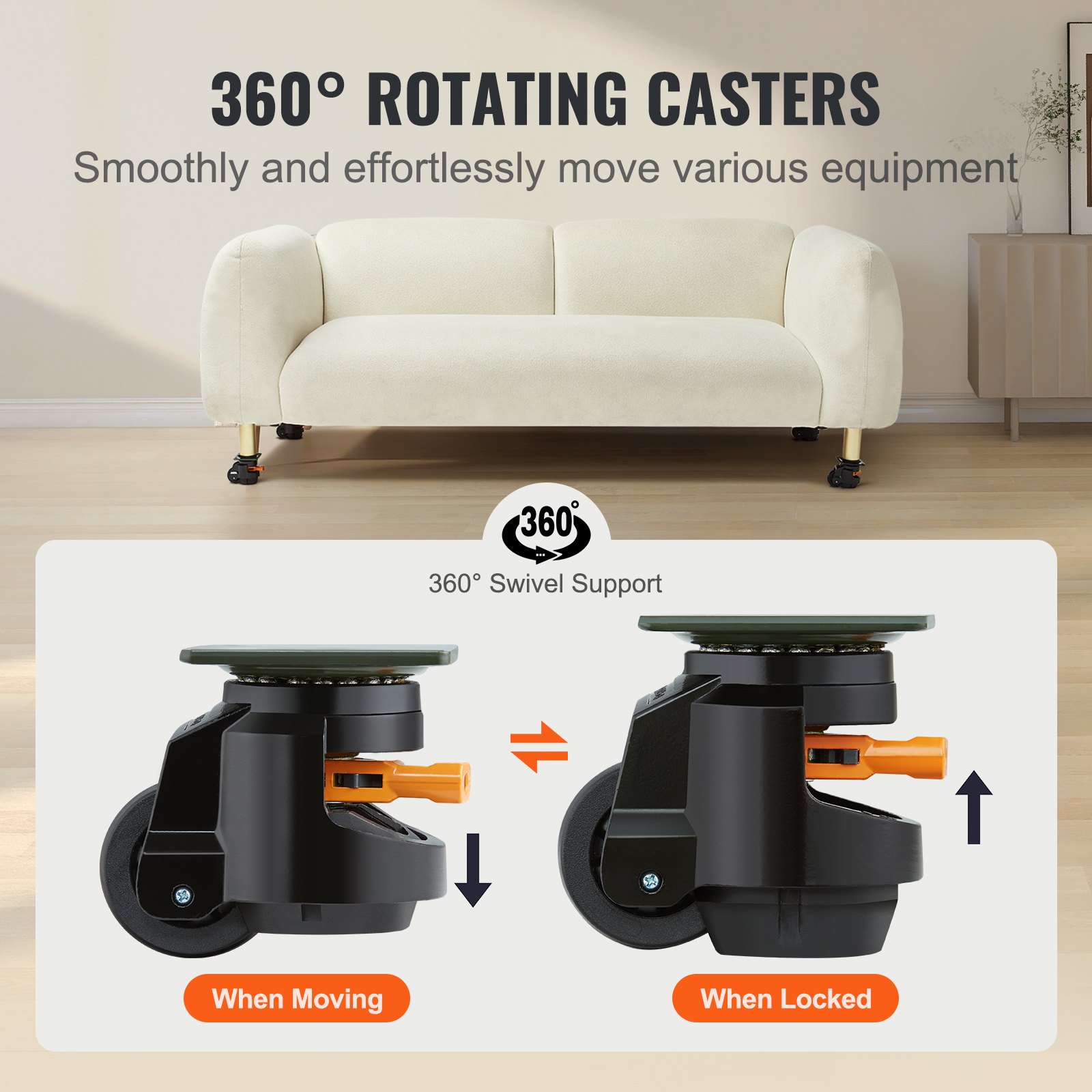 Las ruedas niveladoras VEVOR permiten una rotación de 360° para un movimiento suave; se muestra debajo de un sofá blanco, con funciones de bloqueo.