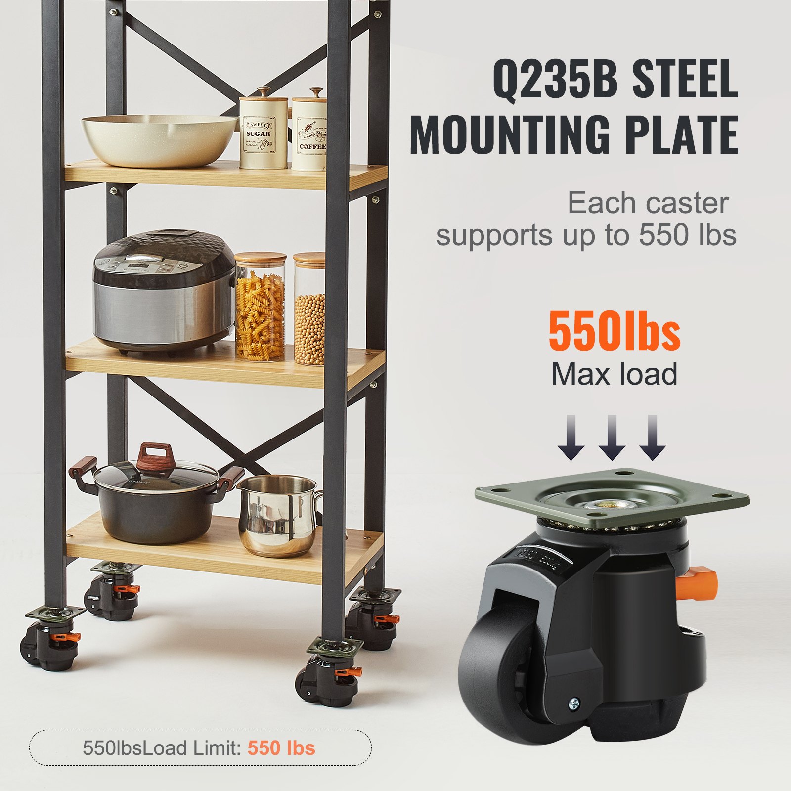 Ruedas niveladoras VEVOR en un estante de cocina con placas de montaje de acero q235b, que soportan hasta 550 libras.