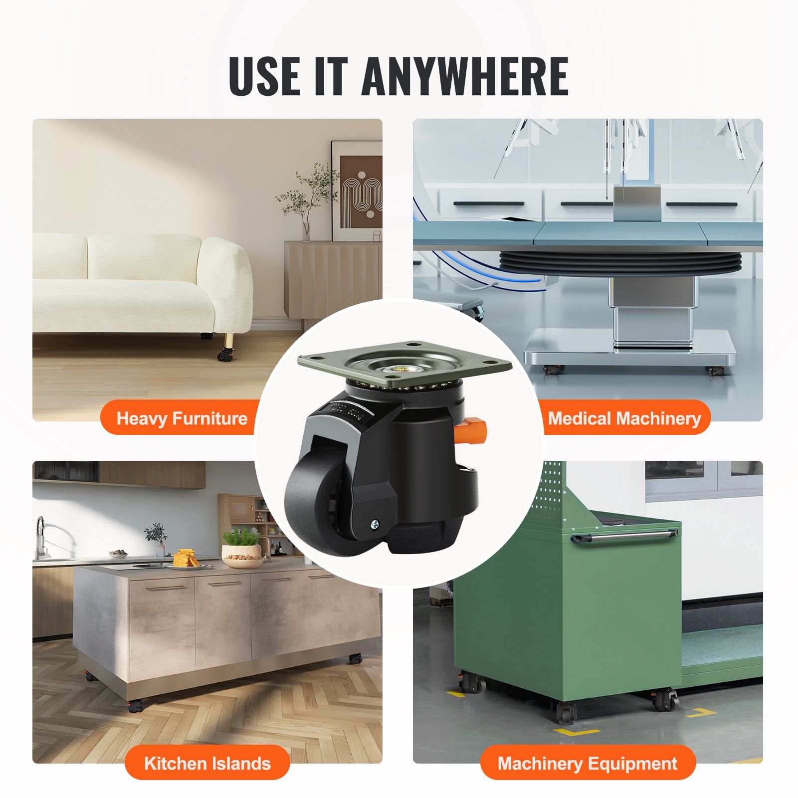 Ruedas niveladoras VEVOR utilizadas para muebles pesados, maquinaria médica, islas de cocina y equipos de maquinaria.