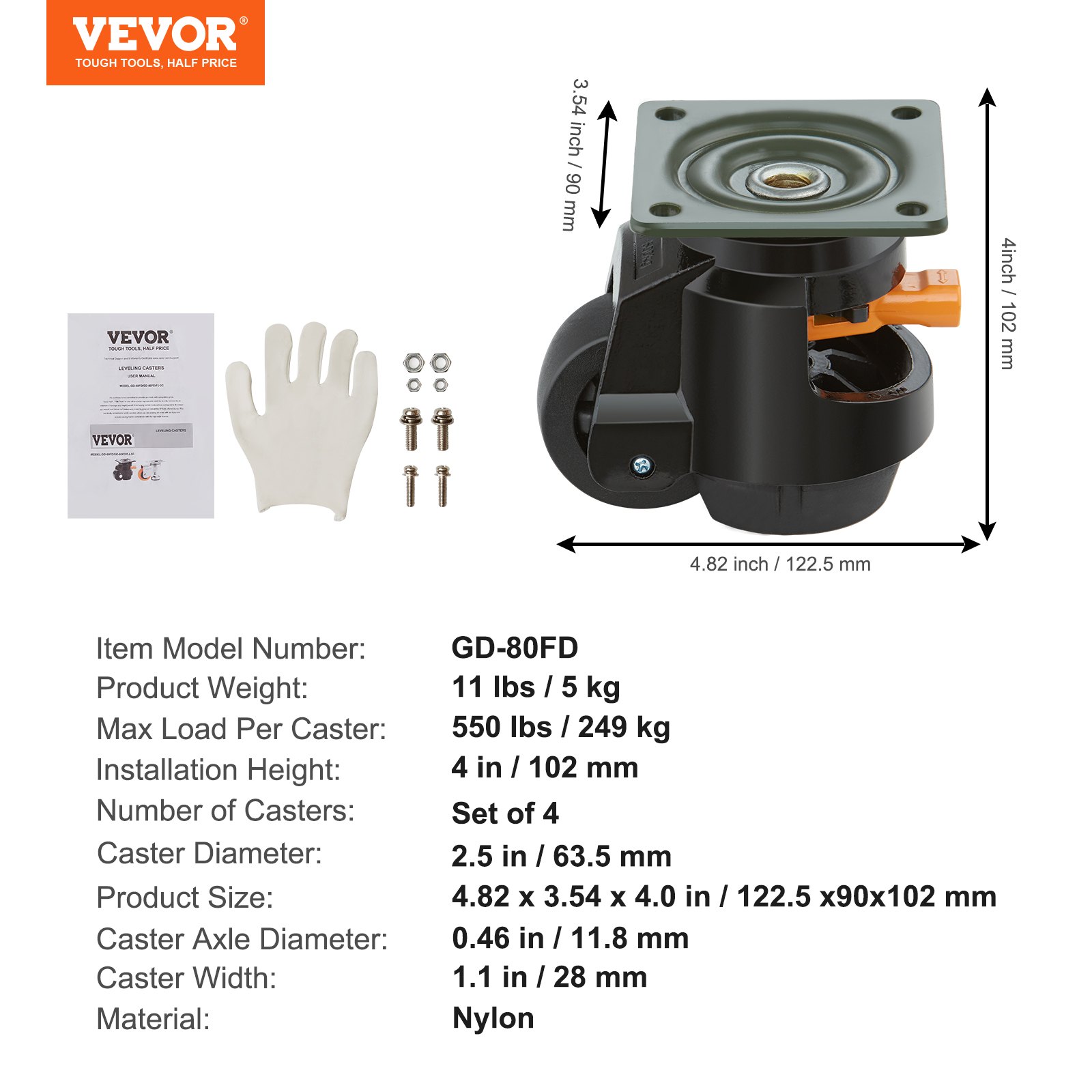 Juego de 4 ruedas niveladoras VEVOR con dimensiones, guía y accesorios de instalación.