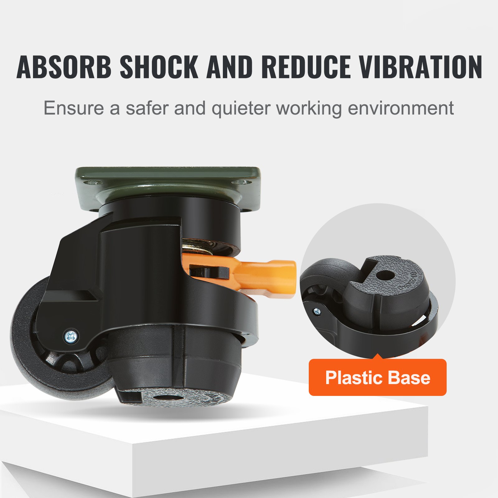 Ruedas niveladoras VEVOR con base de plástico que absorben los golpes y reducen la vibración para un trabajo más seguro.