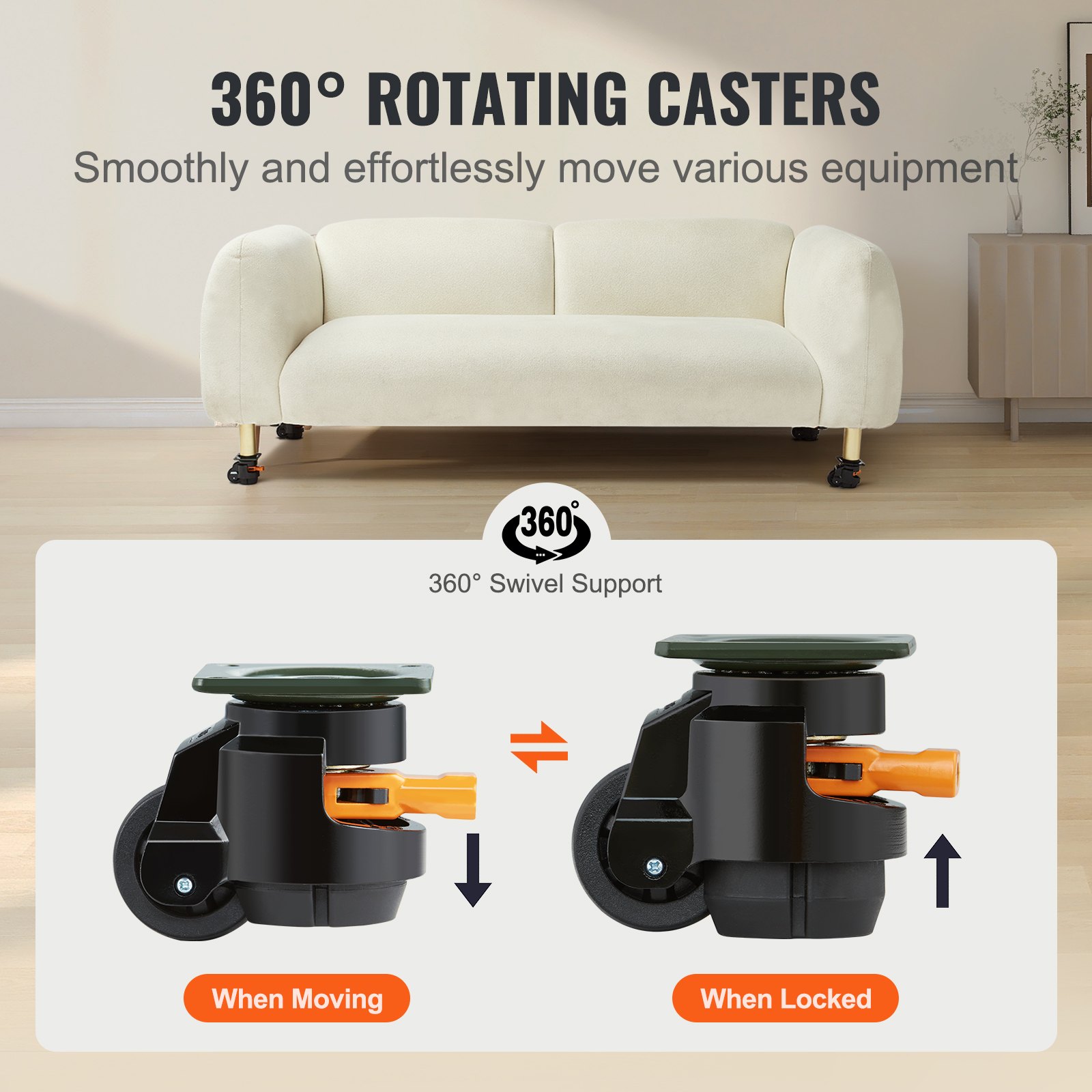 Ruedas niveladoras VEVOR en sofá, capacidad de rotación de 360° para facilitar el movimiento, posiciones bloqueadas y móviles mostradas.