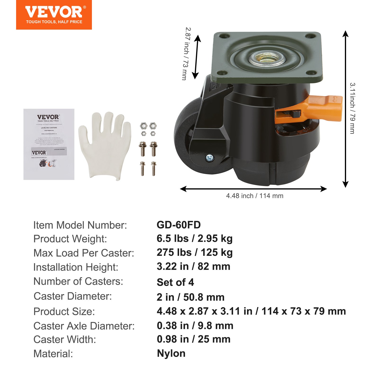 Ruedas niveladoras VEVOR gd-60fd dimensiones, especificaciones y componentes incluidos para el montaje.