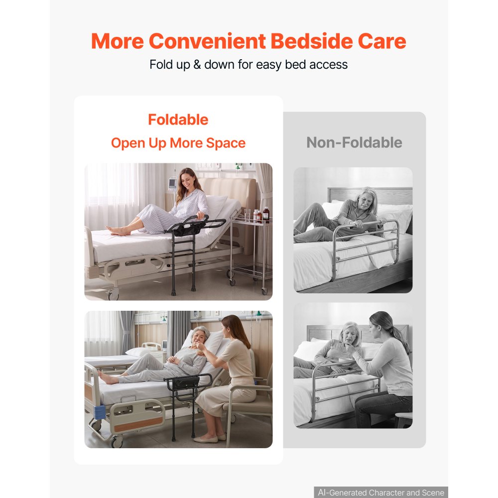 Barandilla de cama VEVOR para adultos mayores, plegable, con soporte para el suelo, luz LED con sensor de movimiento, soporte de doble asa de 136 kg (300 lbs), longitud de asa ajustable, bolsillo de almacenamiento, apta para camas King, Queen, Full y Twin.