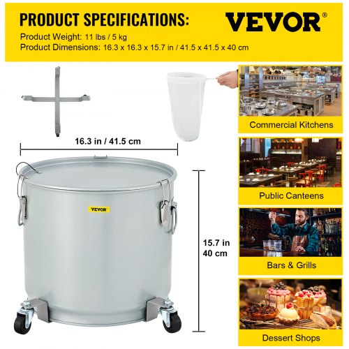 Cubo para grasa de freidora VEVOR, 8 galones/30 l, recipiente para filtro de aceite de acero al carbono revestido con base con ruedas, recipiente para desechos de aceite con capacidad de 62 lb, contenedor de transporte con clip de bloqueo de tapa, bolsa de filtro de nailon, plateado