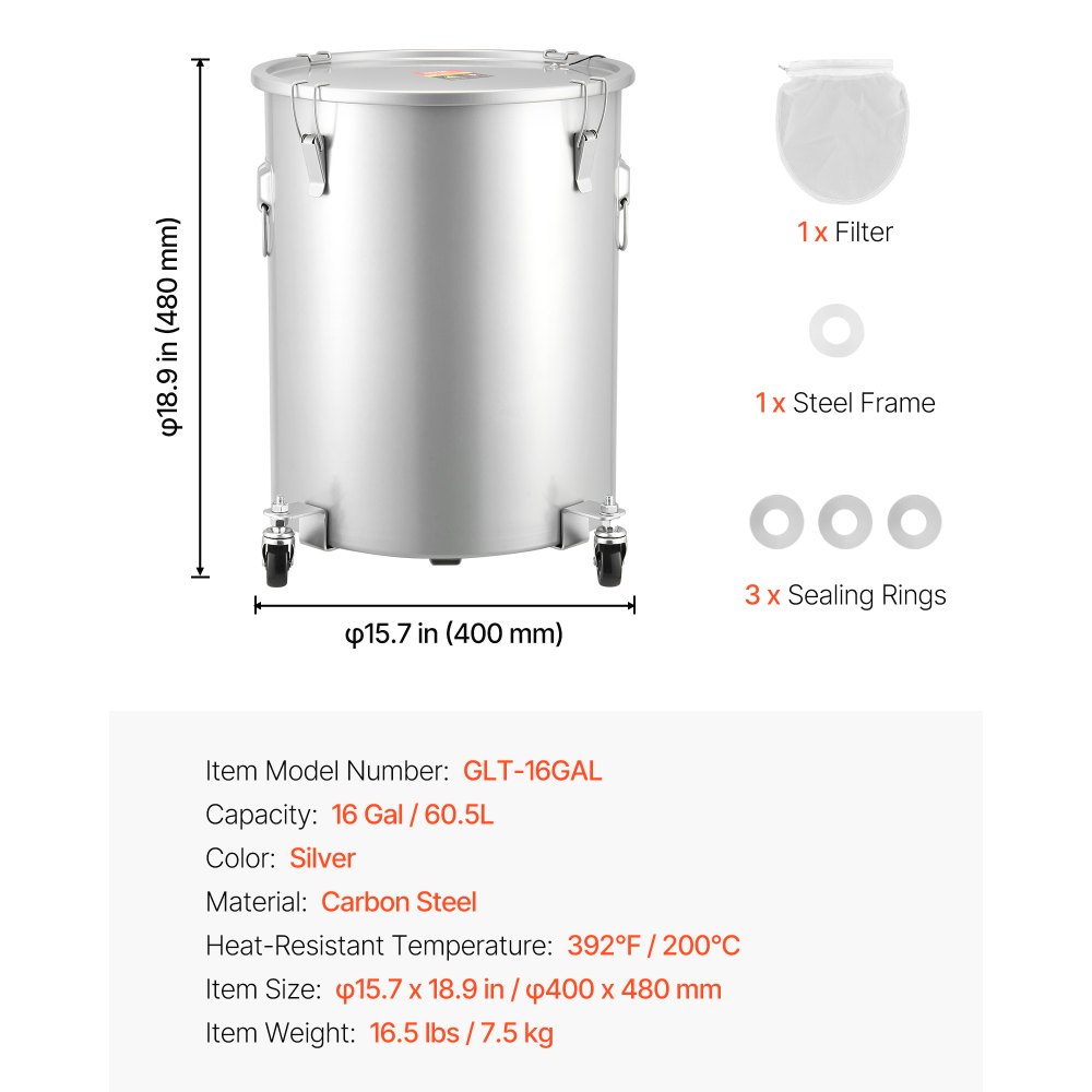 VEVOR Recolector de grasa y aceite usado sobre ruedas, 60,5 L, recipiente de aceite de acero al carbono para freidora, recipiente de aceite con tapa, pinzas de bloqueo, bolsa de filtro