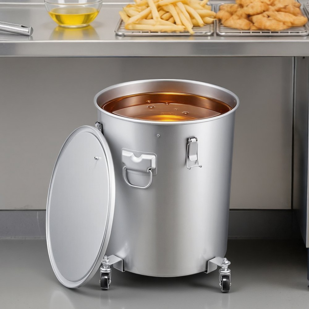 VEVOR Recolector de grasa y aceite usado sobre ruedas, 60,5 L, recipiente de aceite de acero al carbono para freidora, recipiente de aceite con tapa, pinzas de bloqueo, bolsa de filtro