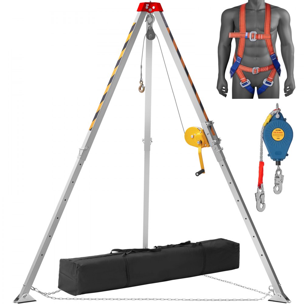 Kit de trípode para espacios confinados VEVOR con arnés, sistema de poleas y bolsa de transporte para operaciones de seguridad y rescate.