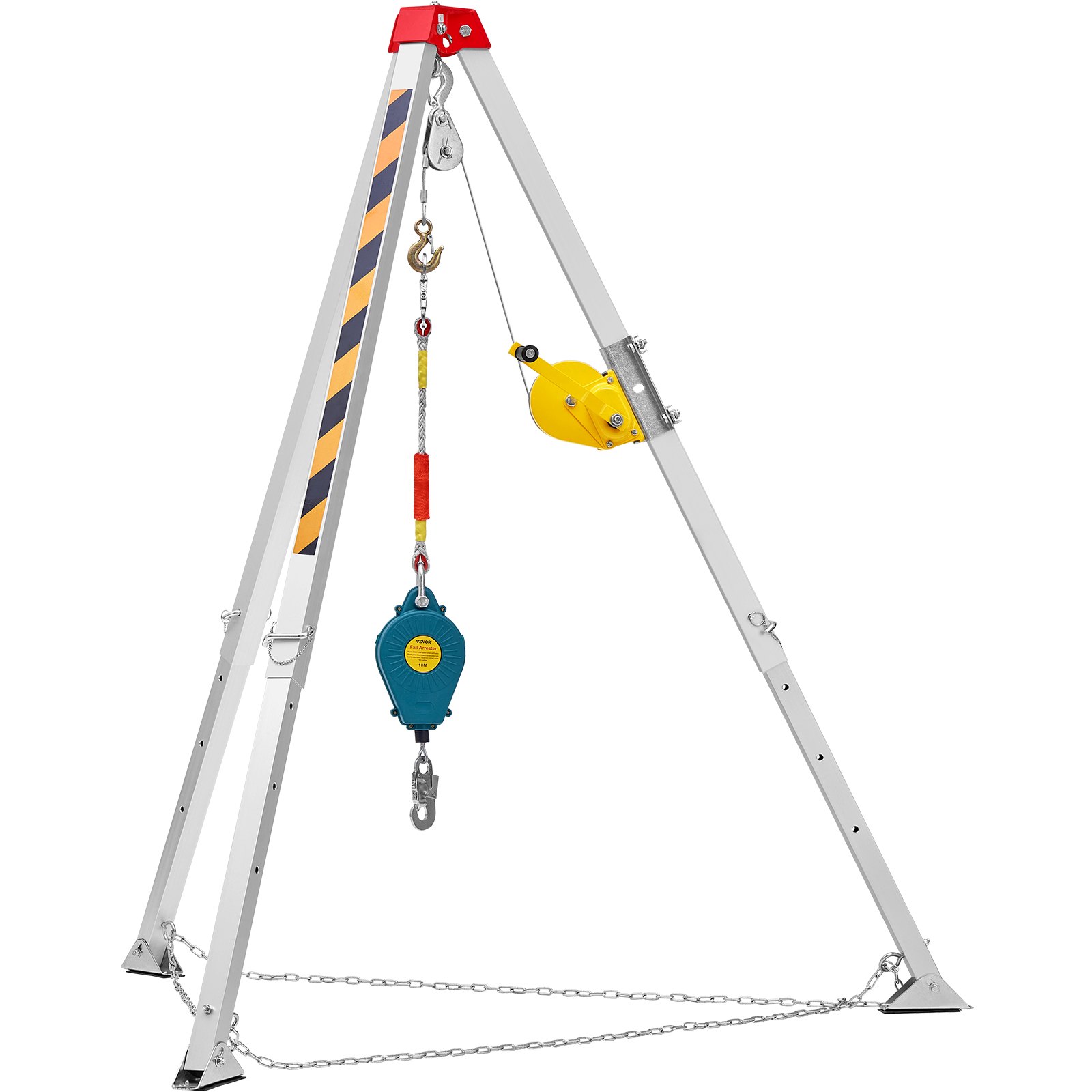 Kit de trípode para espacios confinados VEVOR con sistema de poleas, cabrestante amarillo y cadenas de seguridad.