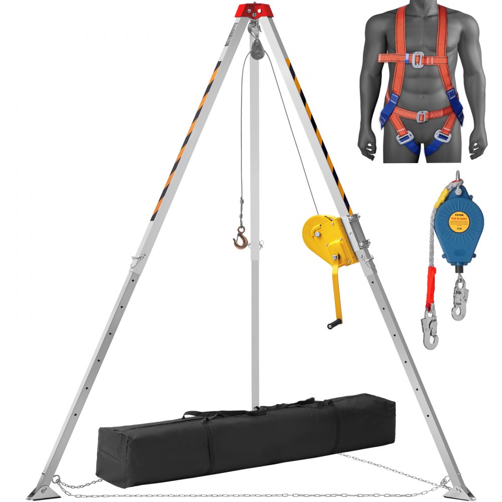 VEVOR Kit de trípode para espacios confinados, trípode para espacios confinados con patas de 8' y cable de 98', trípode de rescate para espacios confinados de 32.8', protección contra caídas, cabrestante de 2600 lbs, arnés, bolsa de almacenamiento