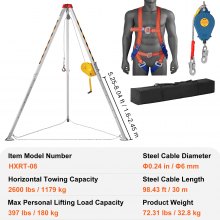 VEVOR Kit de trípode para espacios confinados, trípode para espacios confinados con patas de 8' y cable de 98', trípode de rescate para espacios confinados de 32.8', protección contra caídas, cabrestante de 2600 lbs, arnés, bolsa de almacenamiento