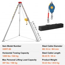 VEVOR Kit de trípode para espacios confinados, trípode para espacios confinados, soporte de patas de 7' y cable de 98', trípode de rescate para espacios confinados, protección contra caídas de 32.8', cabrestante de 1200 lbs, bolsa de almacenamiento