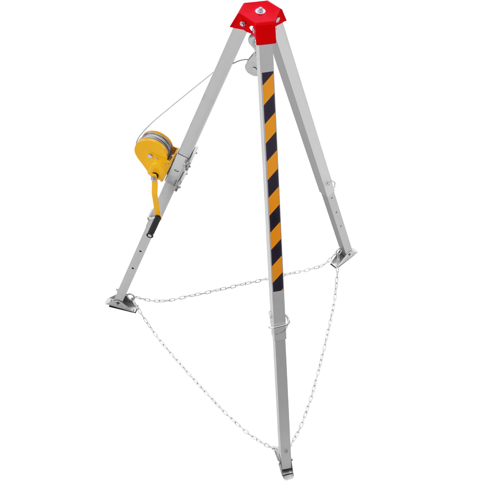 Kit de trípode para espacios confinados VEVOR con cabrestante amarillo, parte superior roja y cadenas de seguridad.