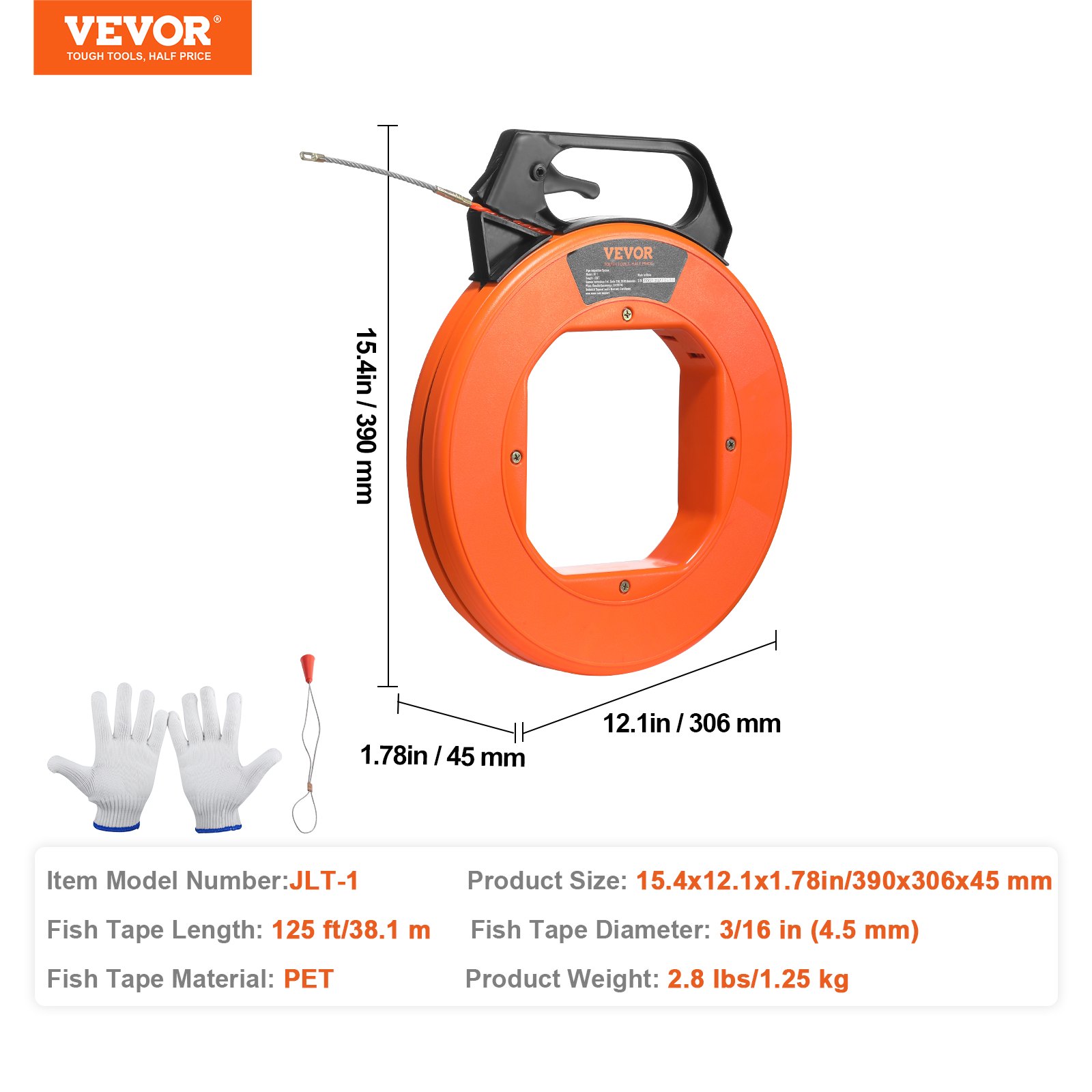 VEVOR Cinta pescadora, 125 pies, 3/16 pulgadas, extractor de alambre PET con carcasa y mango optimizados, herramienta extractora de cable fácil de usar, herramientas de pesca de alambre flexible para
