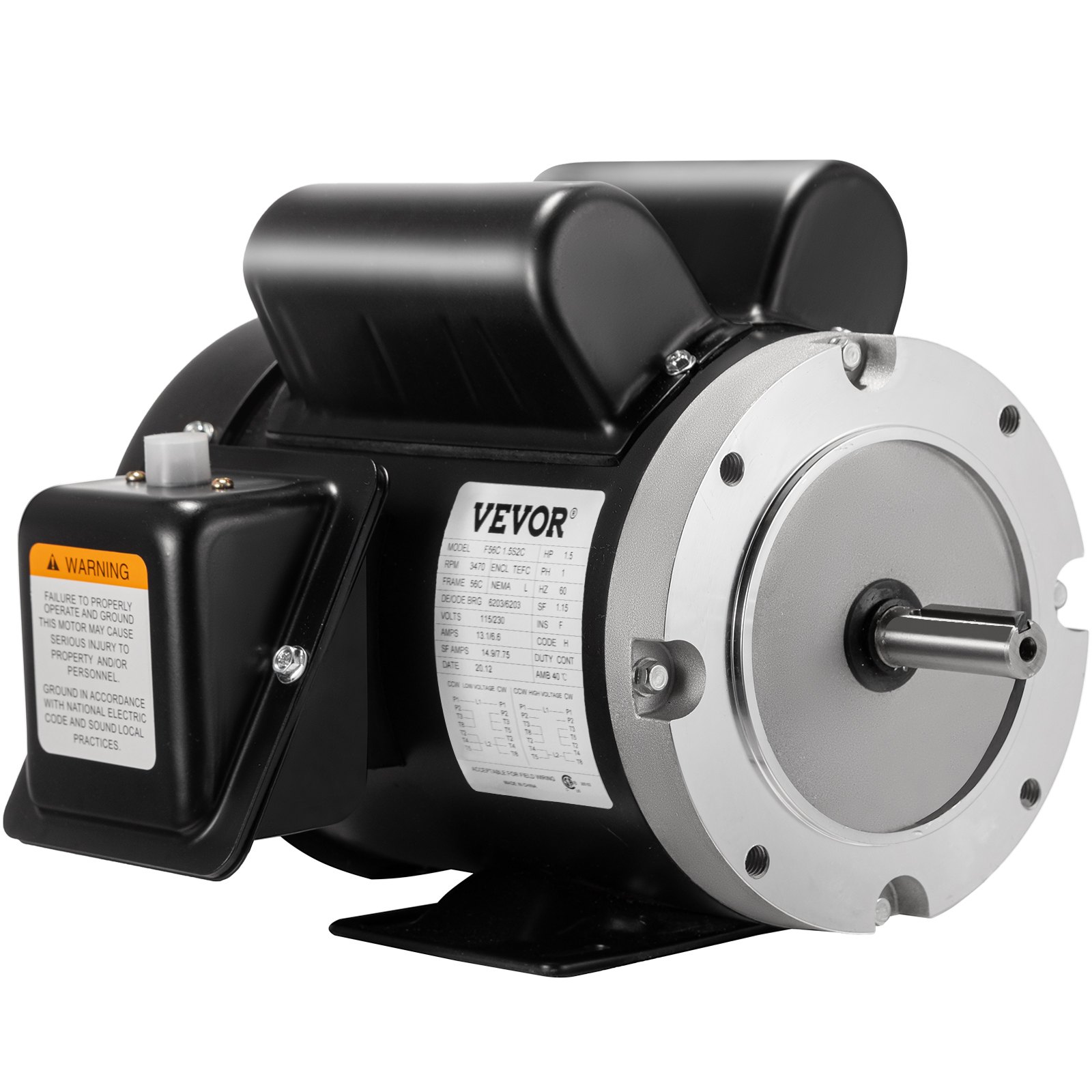 Motor eléctrico VEVOR con carcasa negra duradera y placa de especificaciones etiquetada.